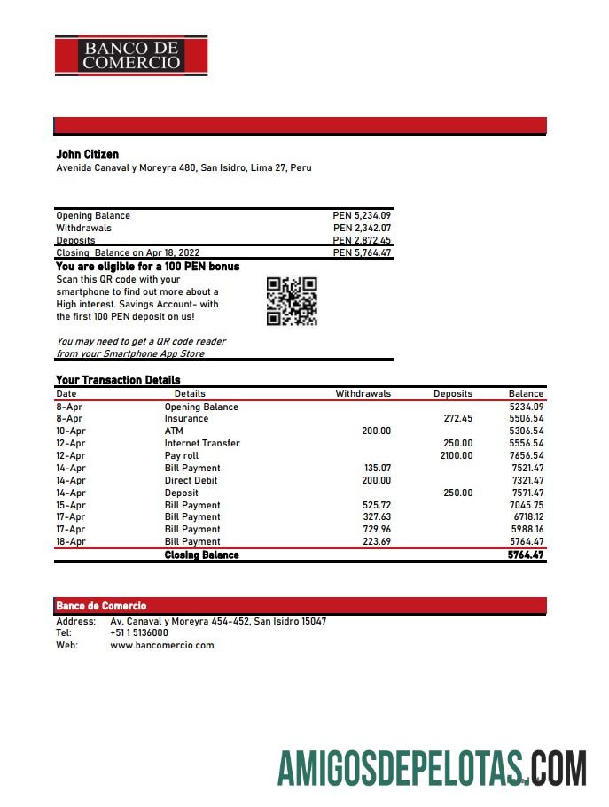 Peru Banco De Comercio Bank Statement Xls modelo
